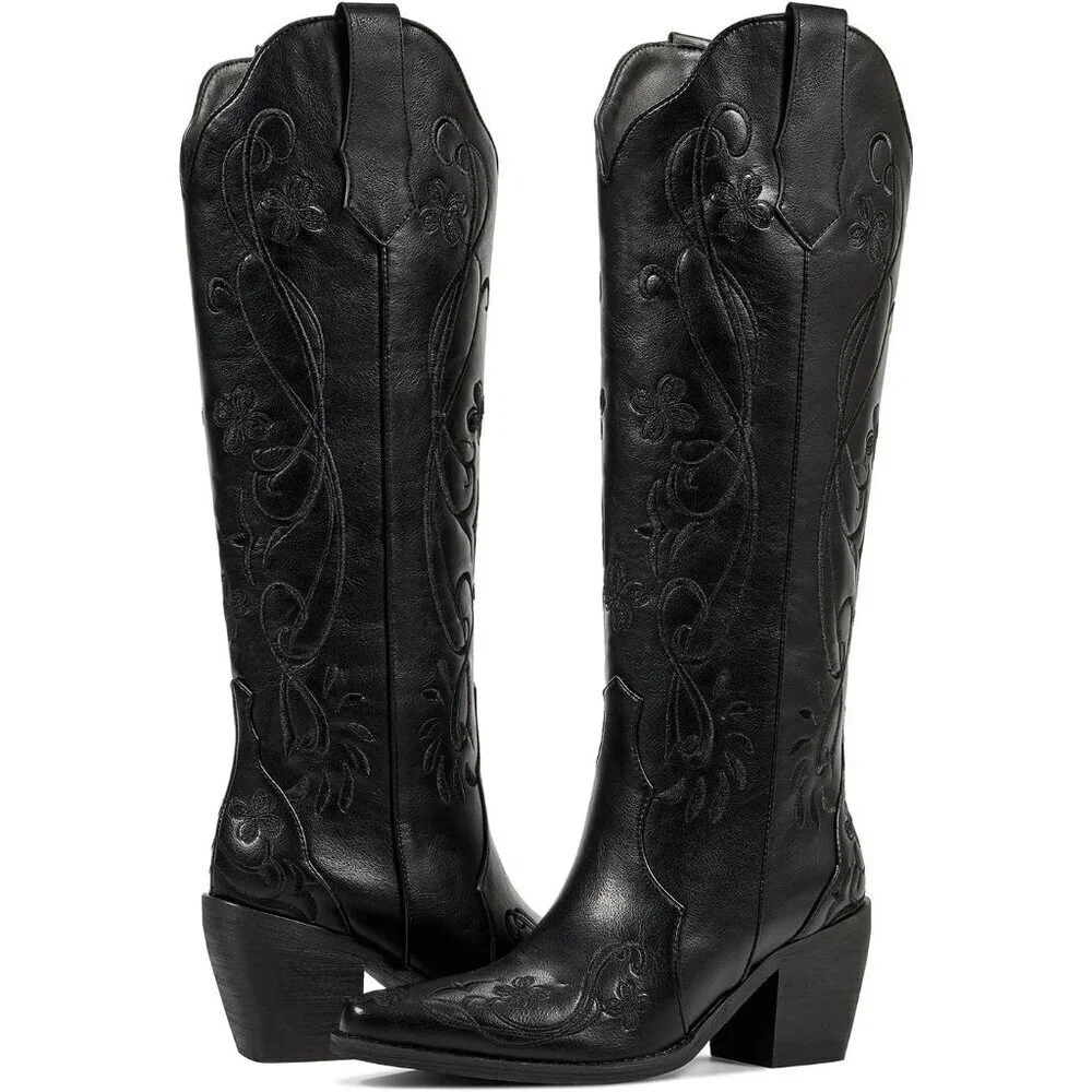 🆕Women Faux Leather Classic Black Floral Embroidered Chunky Heel Pointed Boot